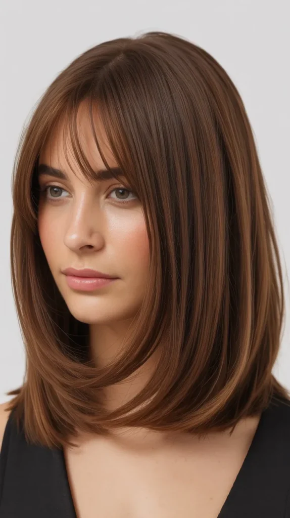 Long Bob with Side Part and Curtain Bangs for Round Faces