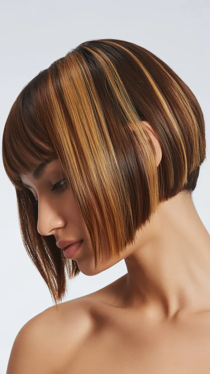 Angled Bob with Curtain Bangs and Peekaboo Highlights