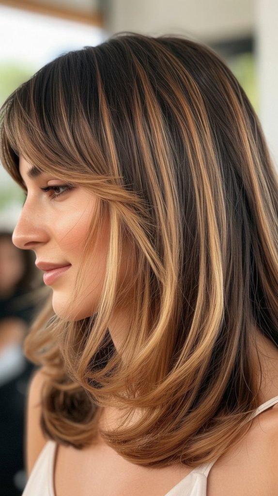 18. Long Bob with Curtain Bangs and Root Shadow