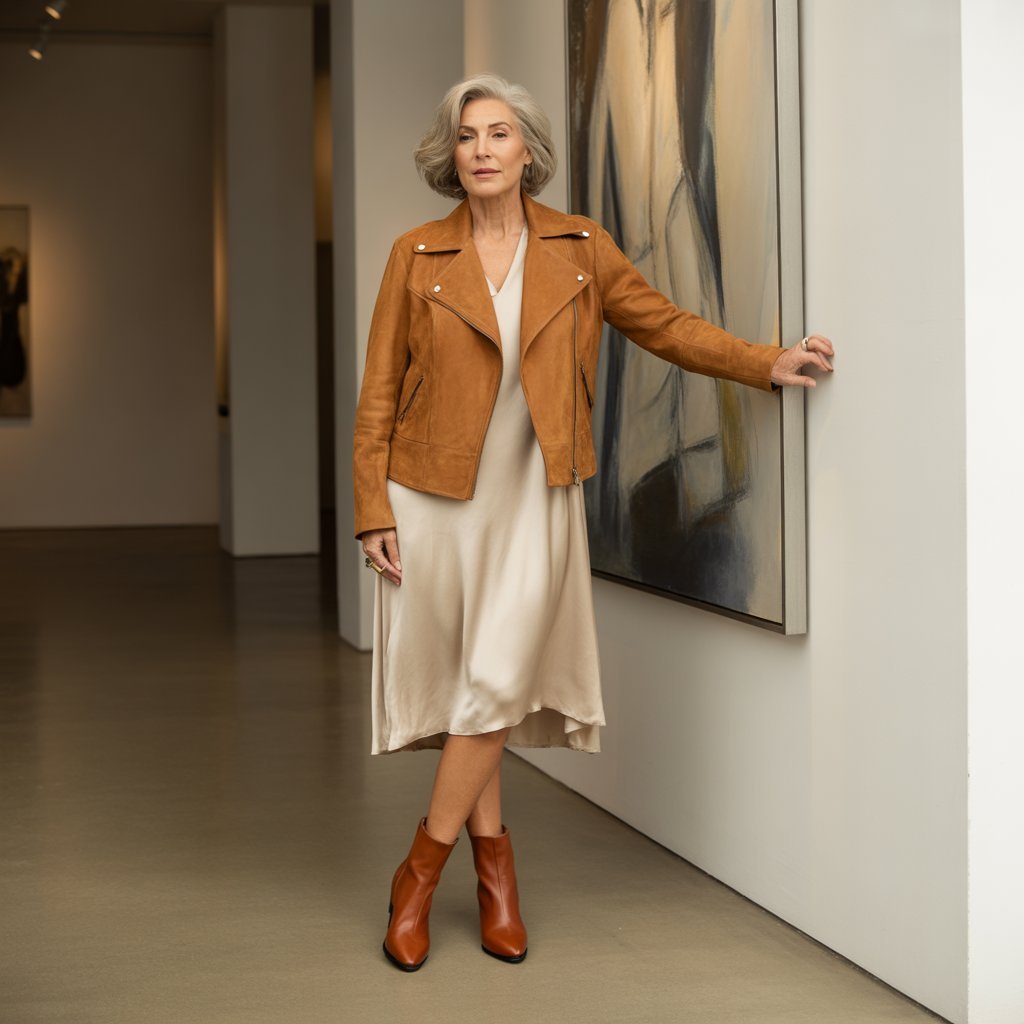 15. Suede Moto Jacket with Neutral Dress