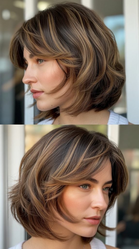 5. Textured Long Bob with Curtain Bangs for Thick Hair