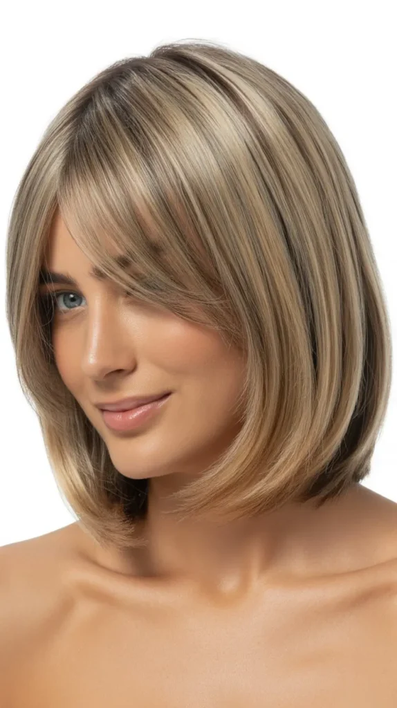 Angled Bob with Curtain Bangs and Ash Blonde Tones