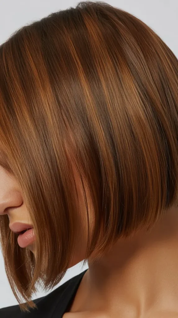 Angled Bob with Curtain Bangs and Brunette Dimension