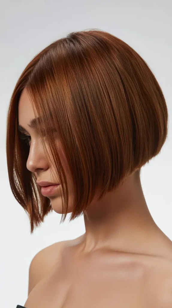 Angled Bob with Curtain Bangs and Hidden Undercut