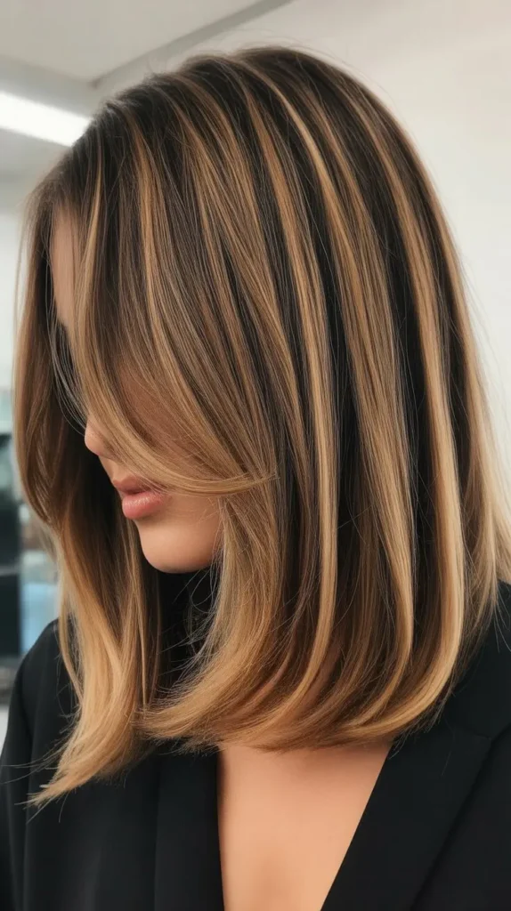 Balayage Long Bob with Side-Swept Curtain Bangs