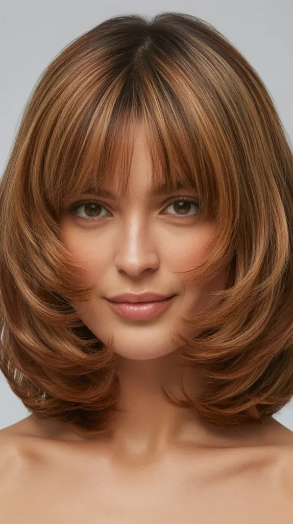  Bouncy Long Bob with Voluminous Curtain Bangs