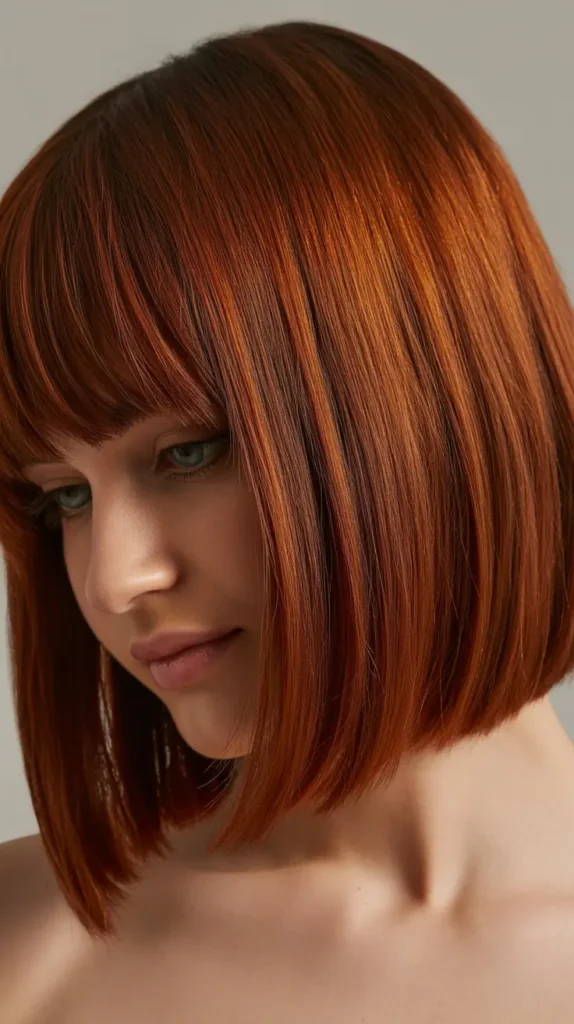 Angled Bob with Curtain Bangs and Copper Tones