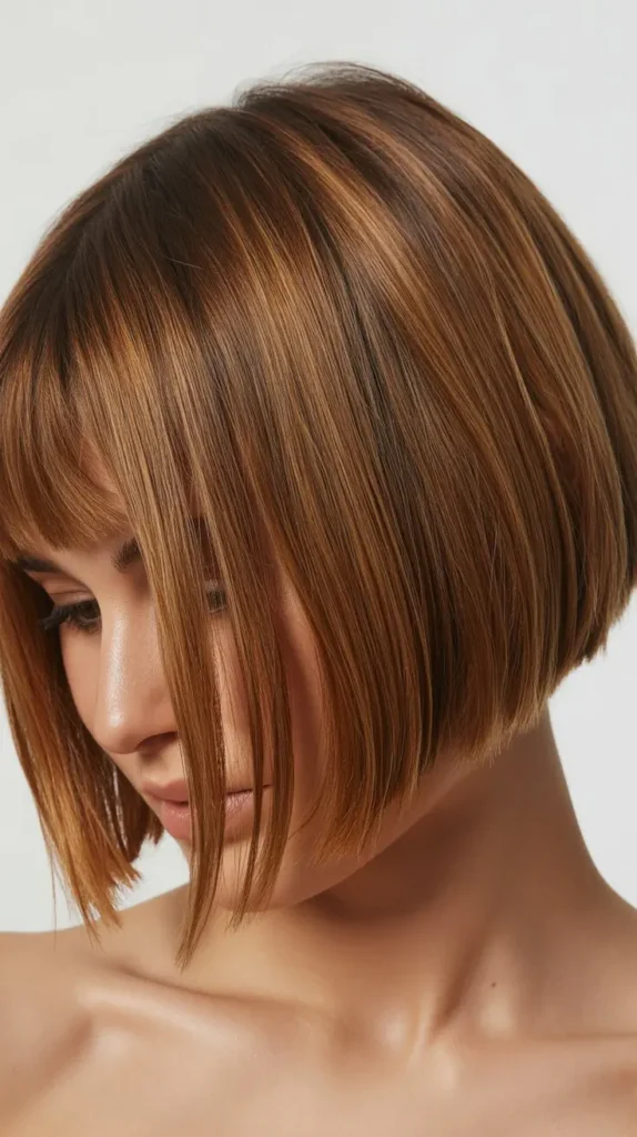 Angled Bob with Curtain Bangs and Babylights