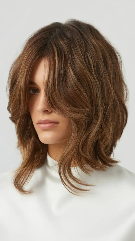 Tousled Long Bob with Curtain Bangs for Thick Hair