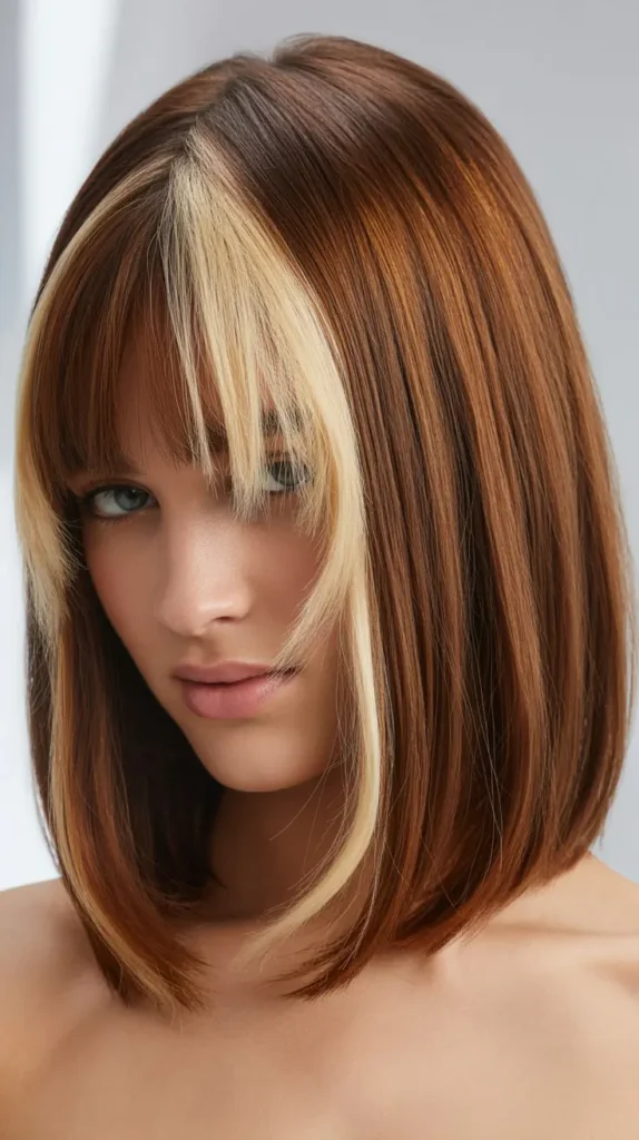 Long Bob with Curtain Bangs and Money Pieces