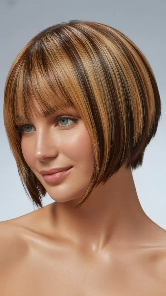 Inverted Bob with Curtain Bangs and Highlights Around Face