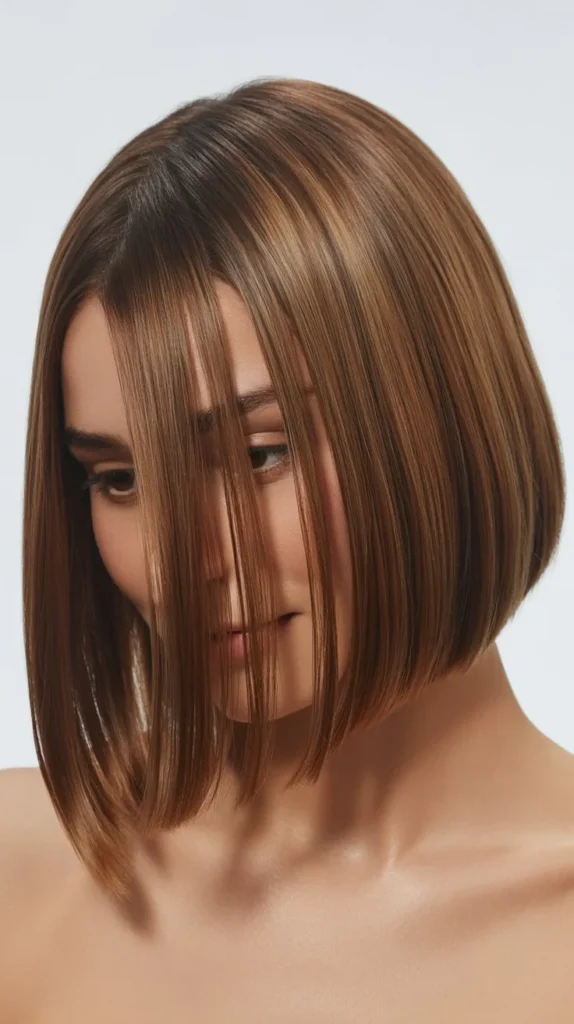 Long Bob with Side Part and Curtain Bangs Styled with a Flat Iron