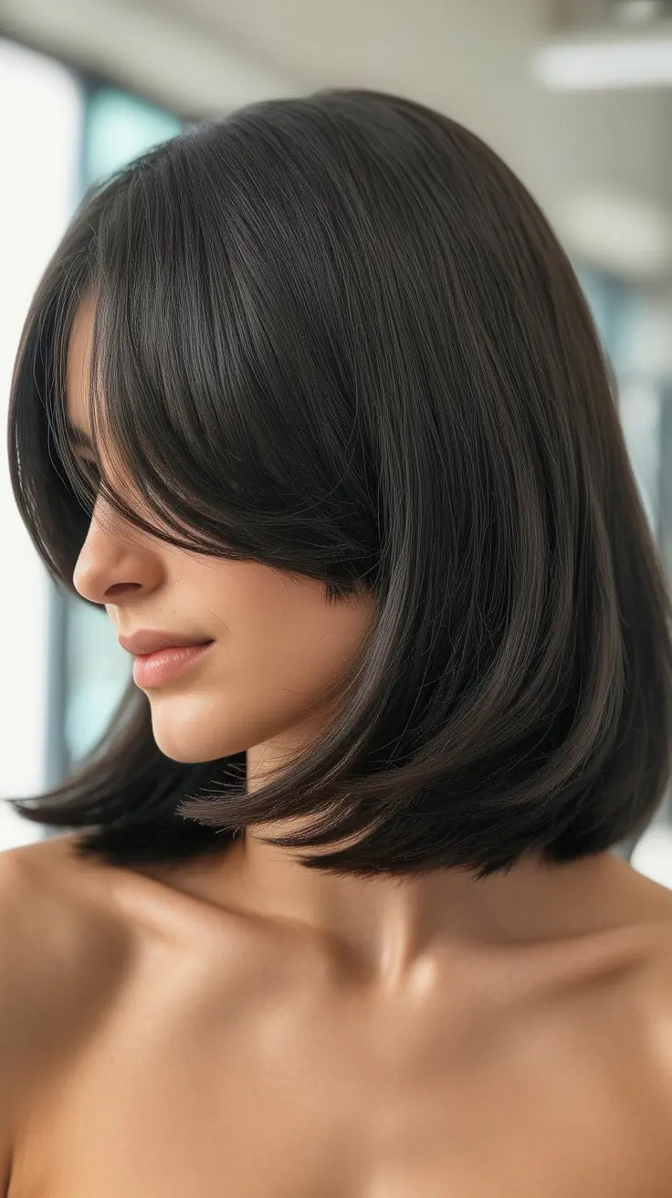 Long Bob with Side Part and Curtain Bangs for Thick Hair