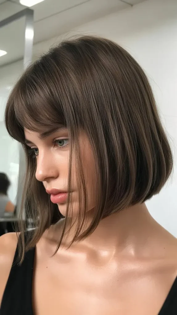 Angled Bob with Curtain Bangs for Fine Hair