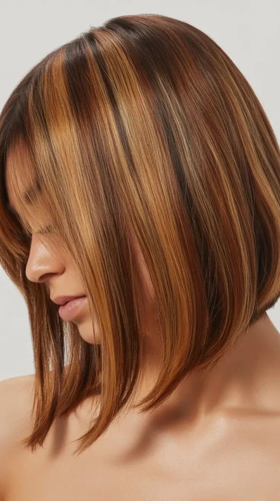 Long Angled Bob with Curtain Bangs and Balayage