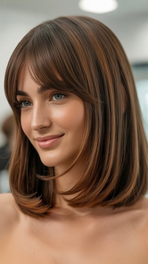  Long Bob with Curtain Bangs and Hidden Layers