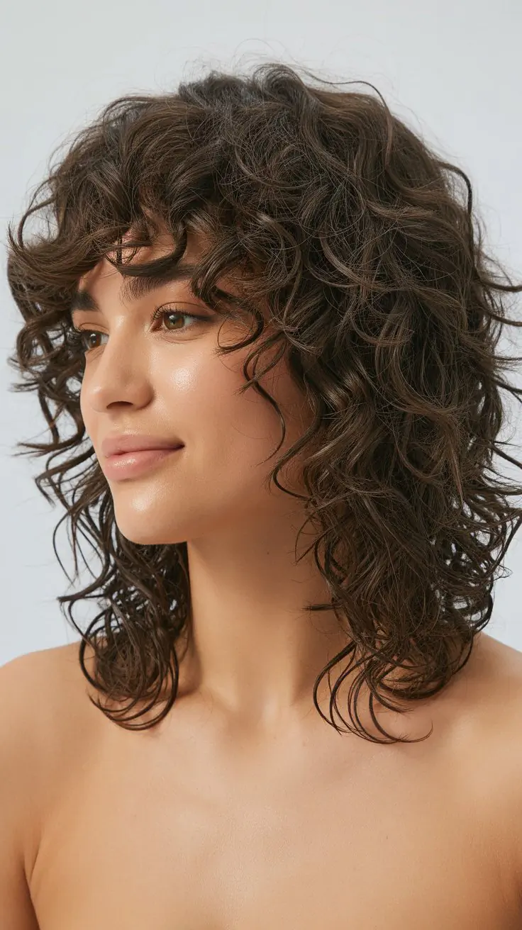 Curly Shaggy Lob with Curtain Bangs