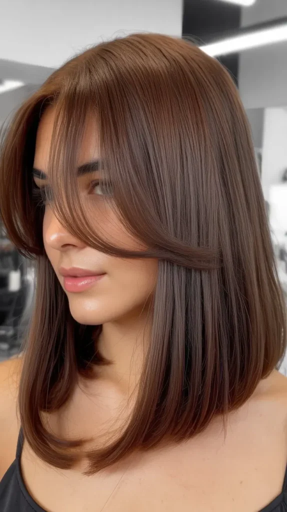 Long Bob with Side Part and Curtain Bangs for Oval Faces