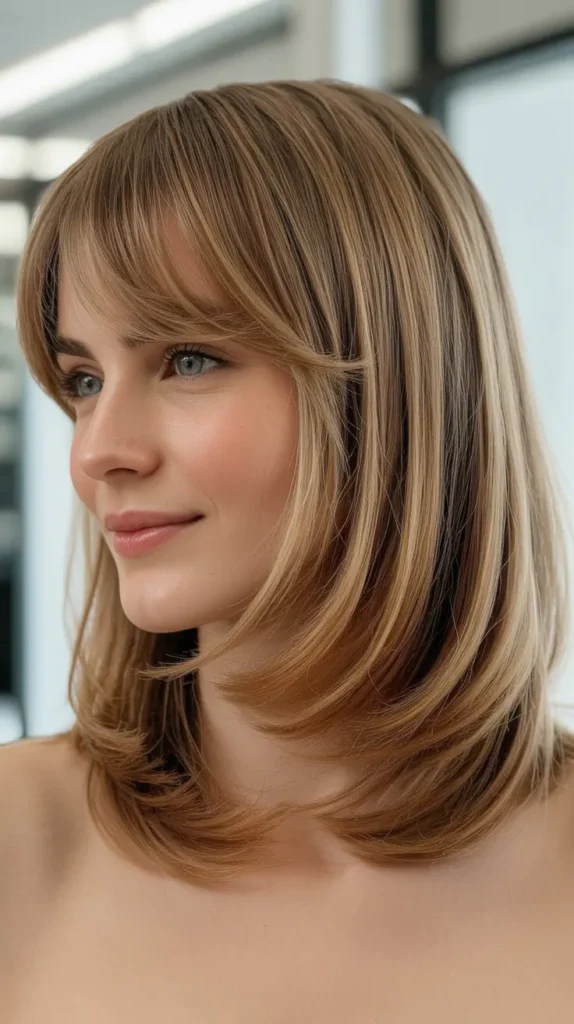 Layered Long Bob with Wispy Curtain Bangs for Fine Hair