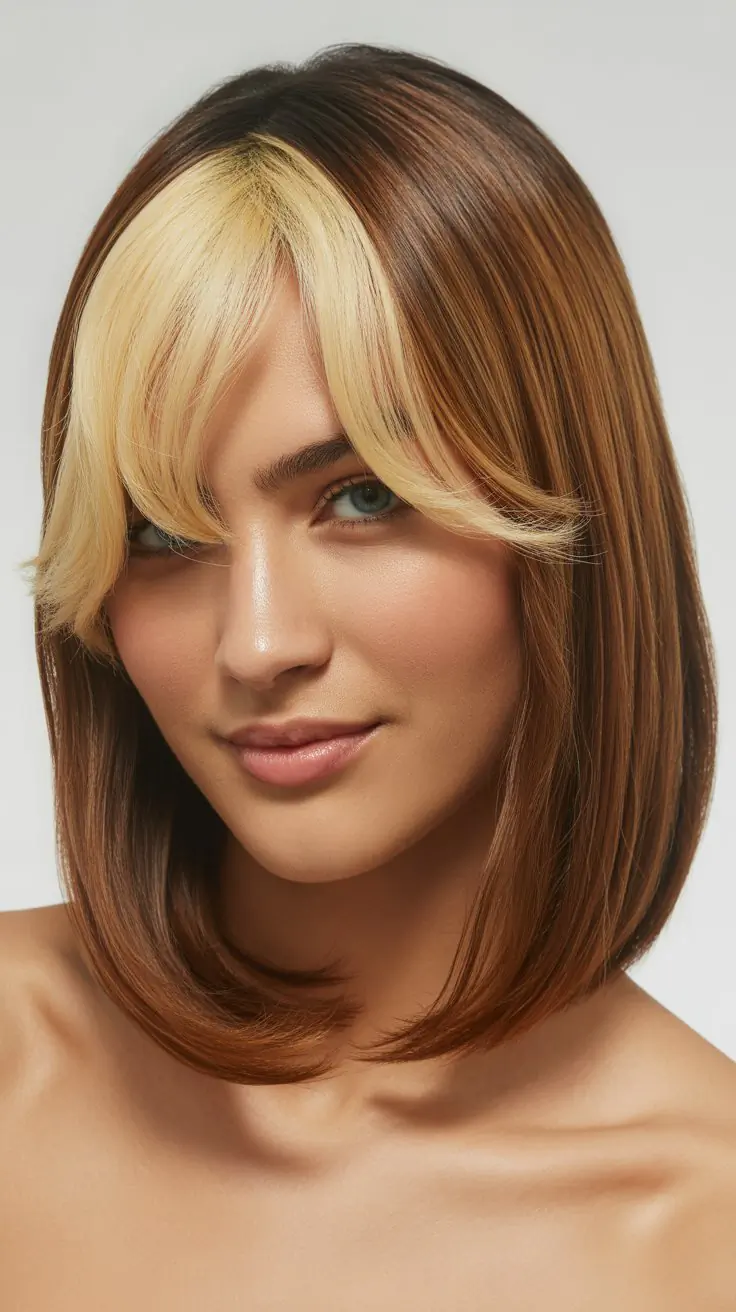 Long Bob with Side Part, Curtain Bangs, and Money Pieces