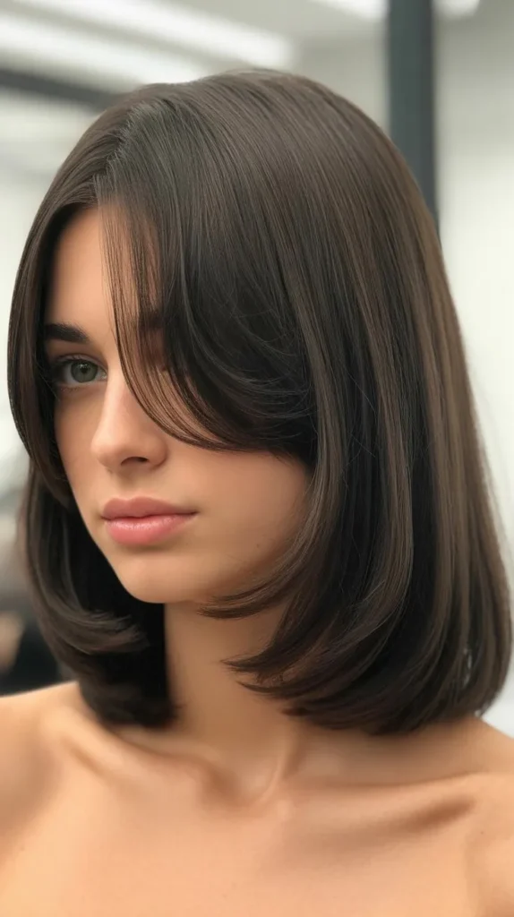 Long Bob with Side Part and Curtain Bangs for Square Faces