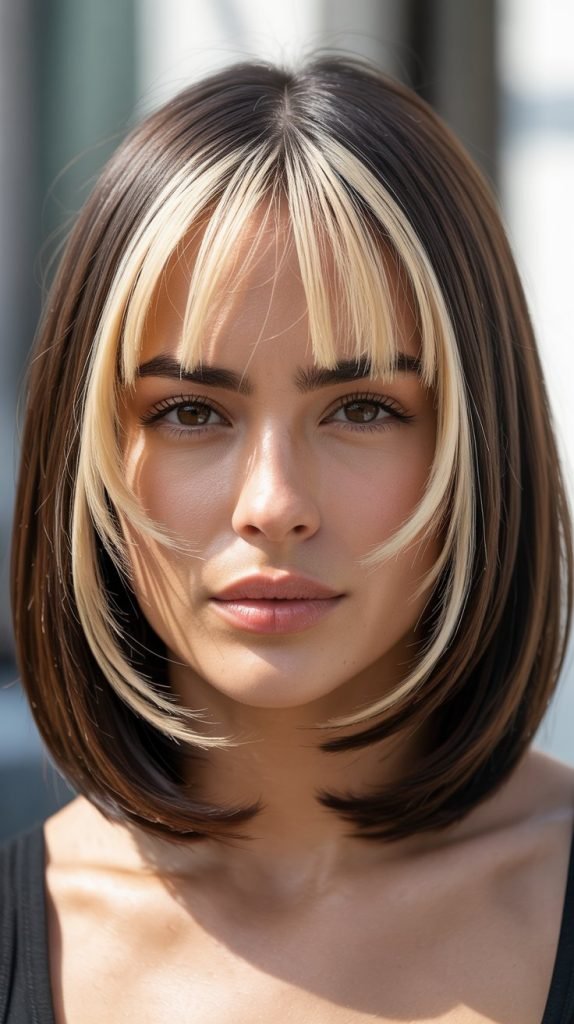 16. Long Bob with Curtain Bangs and Money Pieces