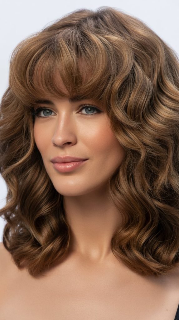 6. Voluminous Wavy Bob with Full Curtain Bangs