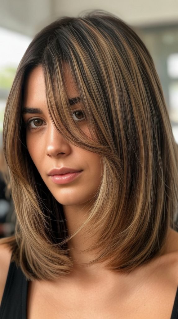 Long Bob with Curtain Bangs and Balayage Highlights