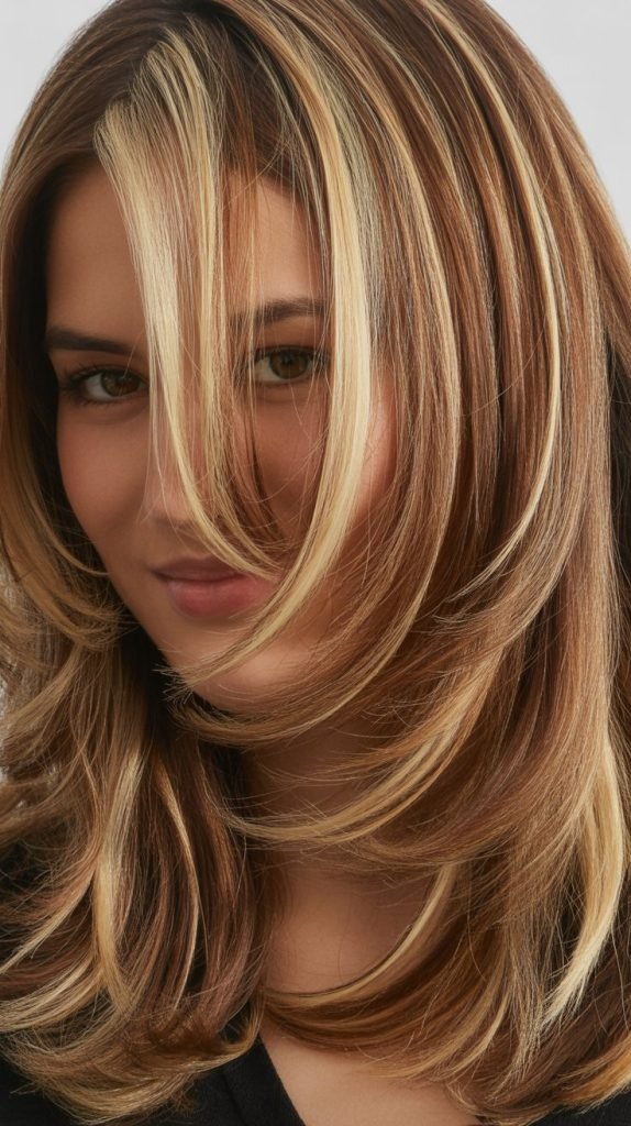 9. Thick Blonde Streaks Through Brown Layers