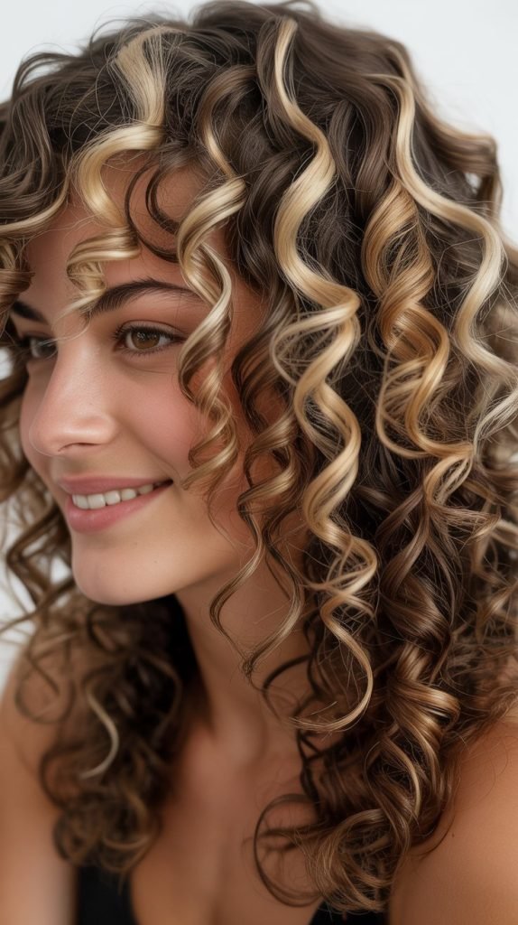 11. Chunky Highlights on Curly Brown Hair