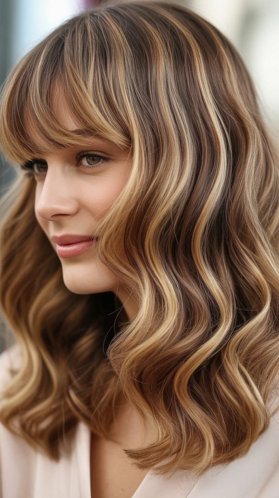 17. Wavy Long Bob with Curtain Bangs and Highlights