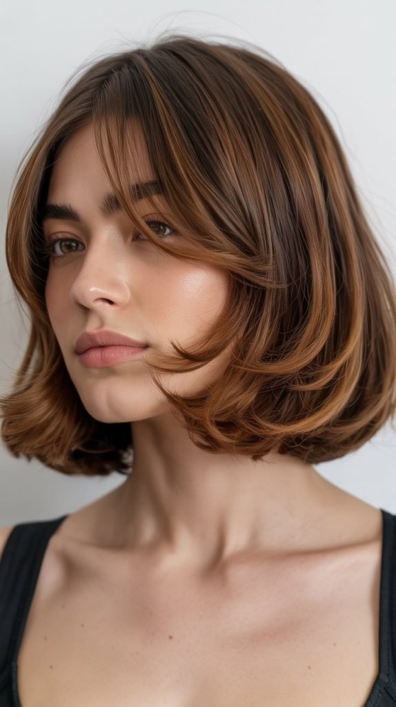 8. Long Bob with Baby Curtain Bangs and Face-Framing Layers