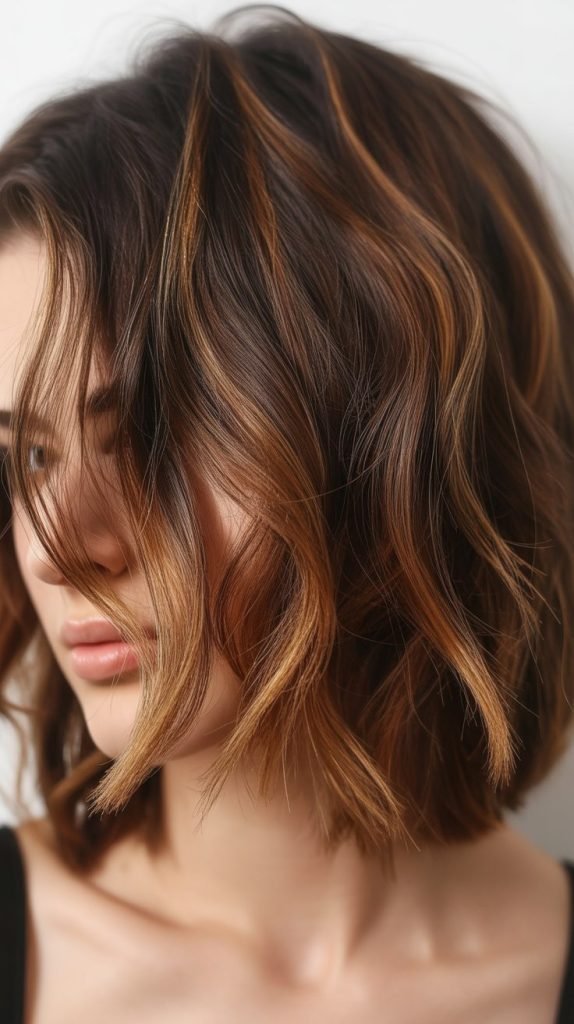 Caramel Highlights on Layered Bob with Texture