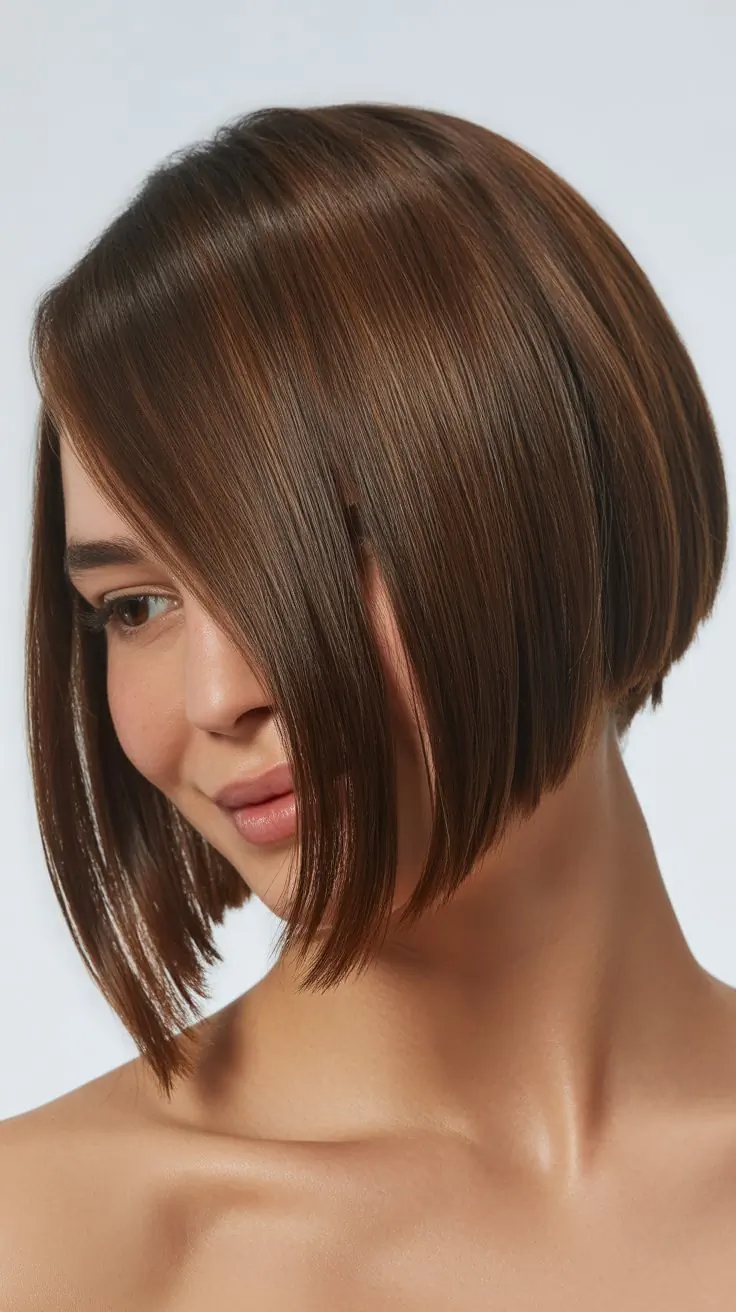 Asymmetrical Angled Bob with Side-Swept Curtain Bangs