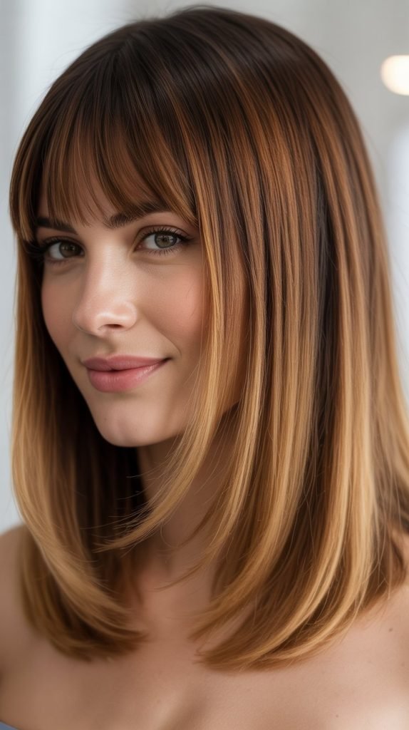 27. Sleek Long Bob with Curtain Bangs and Ombré Color