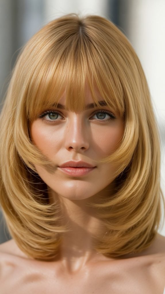 1. Classic Honey Blonde Bob with Face-Framing Curtain Bangs