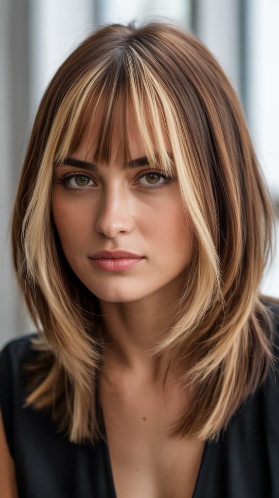 15. Long Bob with Curtain Bangs and Money Pieces