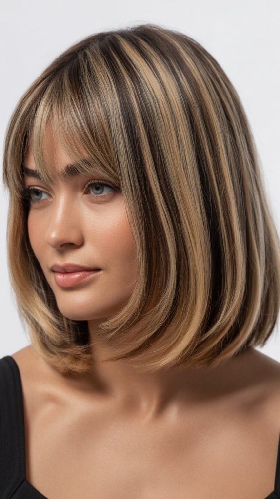  Long Bob with Curtain Bangs and Hidden Underlayers
