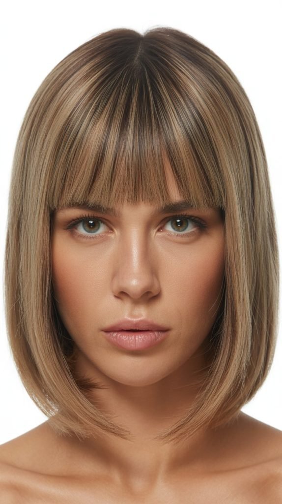 1. Classic Blunt Long Bob with Straight-Across Bangs