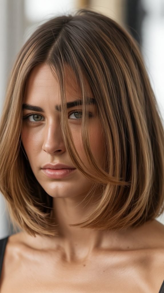 1. Classic Choppy Long Bob with Face-Framing Curtain Bangs