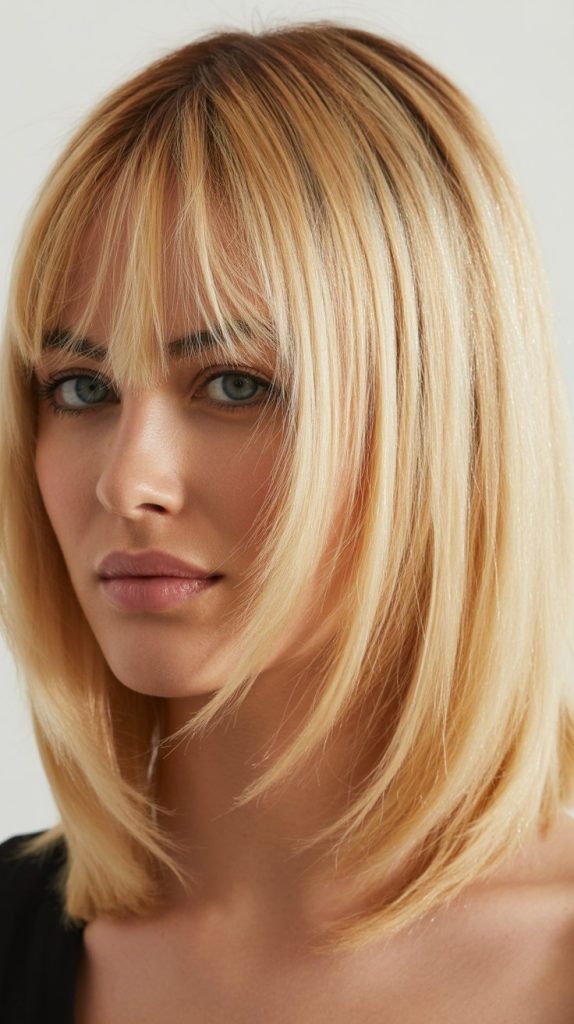 Bright Blonde Bob with Curtain Bangs and Lowlights