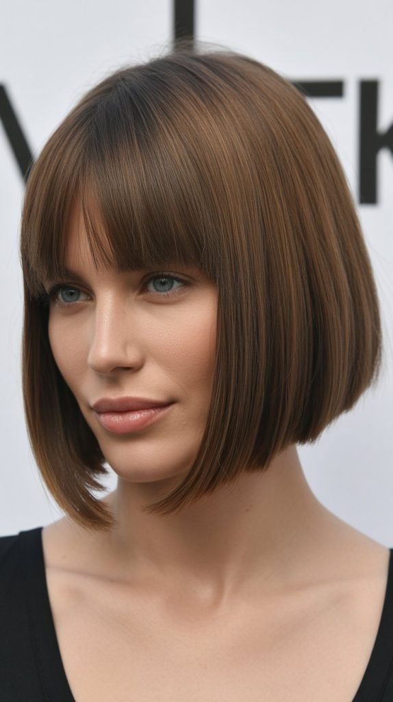 25. Long Bob with Beveled Ends and Straight-Across Bangs