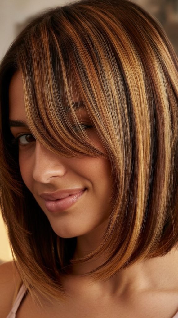 Inverted Bob with Curtain Bangs and Lowlights