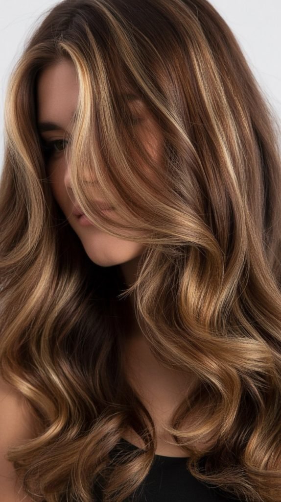 15. Chunky Highlights on Long Brown Hair