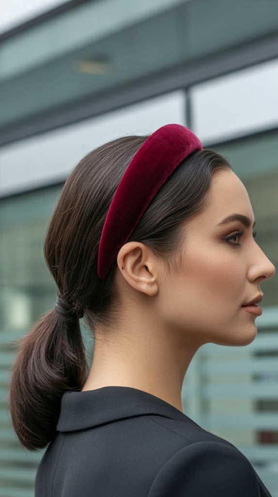 2. Sleek Low Ponytail with Velvet Headband