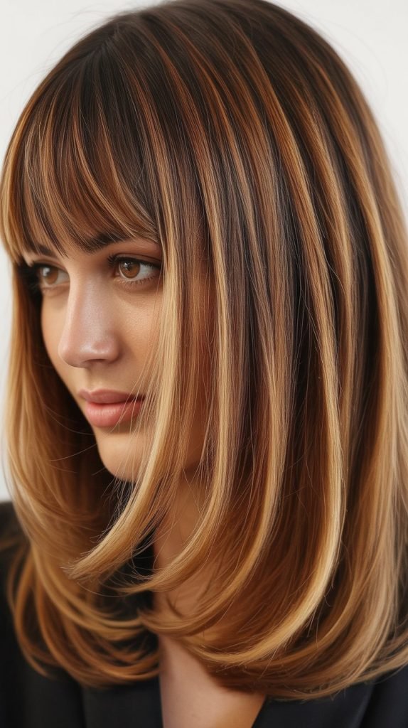 12. Long Bob with Curtain Bangs and Balayage