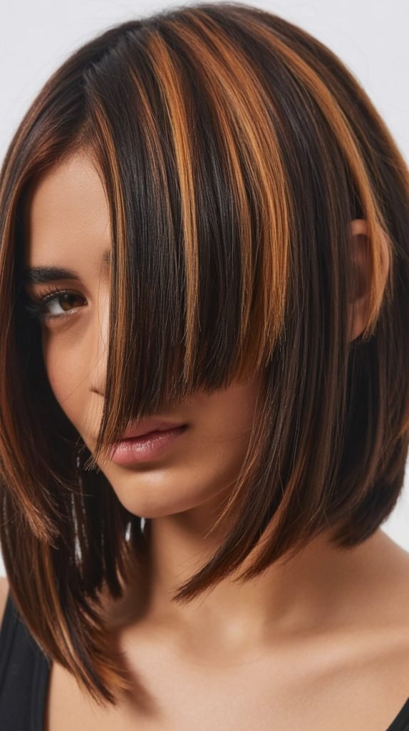 Caramel Highlights on Asymmetrical Layered Bob