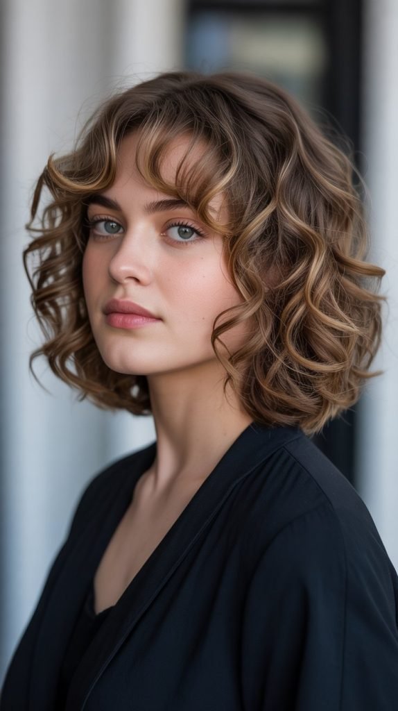 Curly Bob with Curtain Bangs for Round Faces