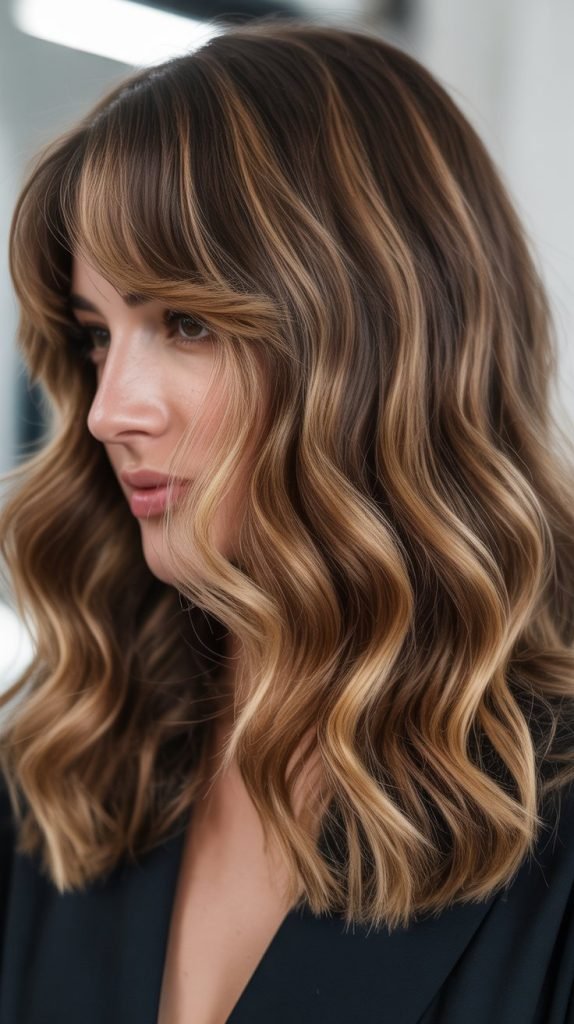 10. Wavy Long Bob with Curtain Bangs and Balayage
