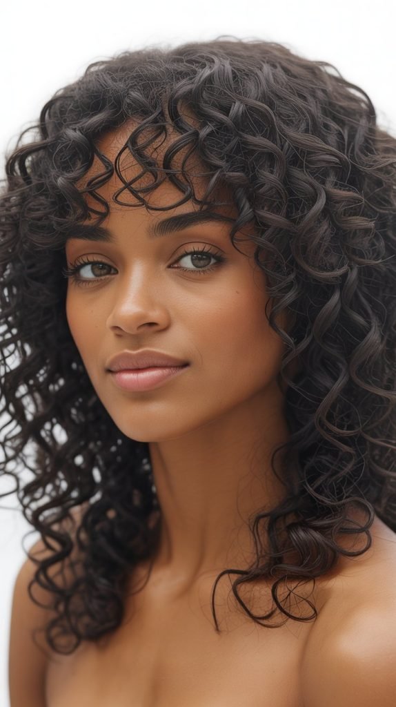 Tight Curly Bob with Center-Parted Curtain Bangs